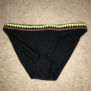 black bikini bottoms with a yellow and orange trim